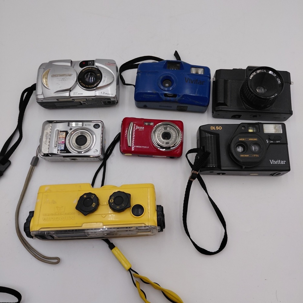 7 Camera Lot Untested Parts & Repair Only Vivitar Olympus Minolta Jazz